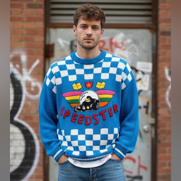 Vintage 1980s‎ Gitano Knit Checkered Speed Racer Wings Flags Speedster Sweater
